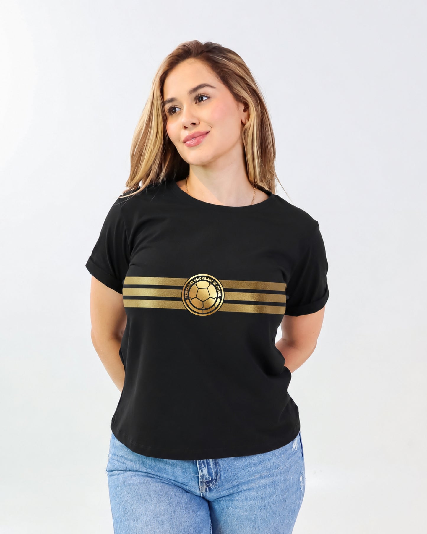 Camiseta de mujer "Colombia Dorada" en Tela Fria | Maitex