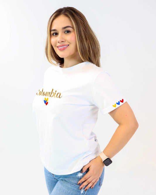 Camiseta de mujer "Corazones Tricolor" en Tela Fria | Maitex