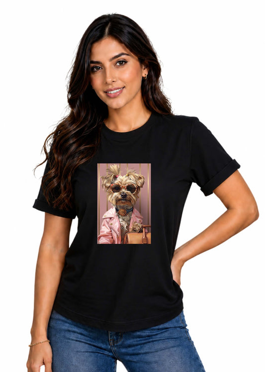 Camiseta de mujer "Yorkie Fashionista" en Tela Fría | Maitex