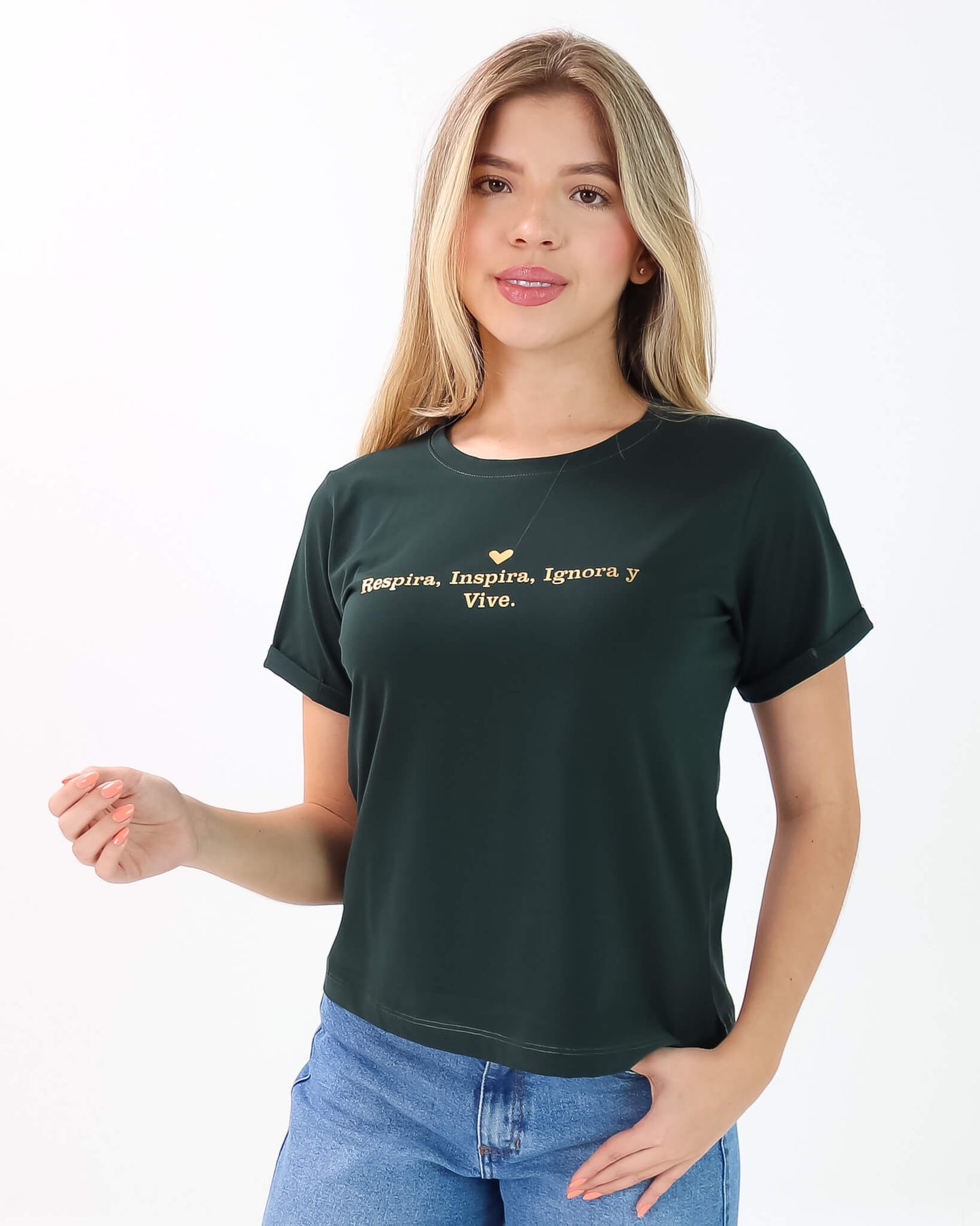 Camiseta de Mujer "Respira, Inspira, Ignora y Vive" en Tela Fría | Maitex
