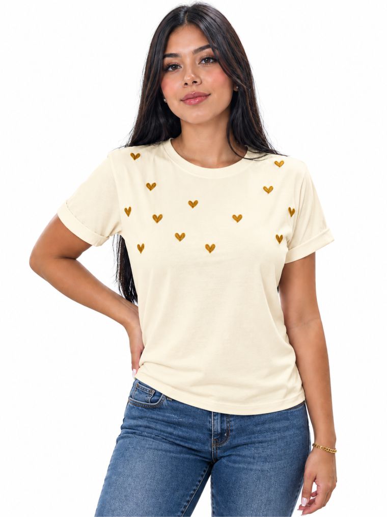 Camiseta de mujer "Corazones Bordados" en Tela Fría | Maitex